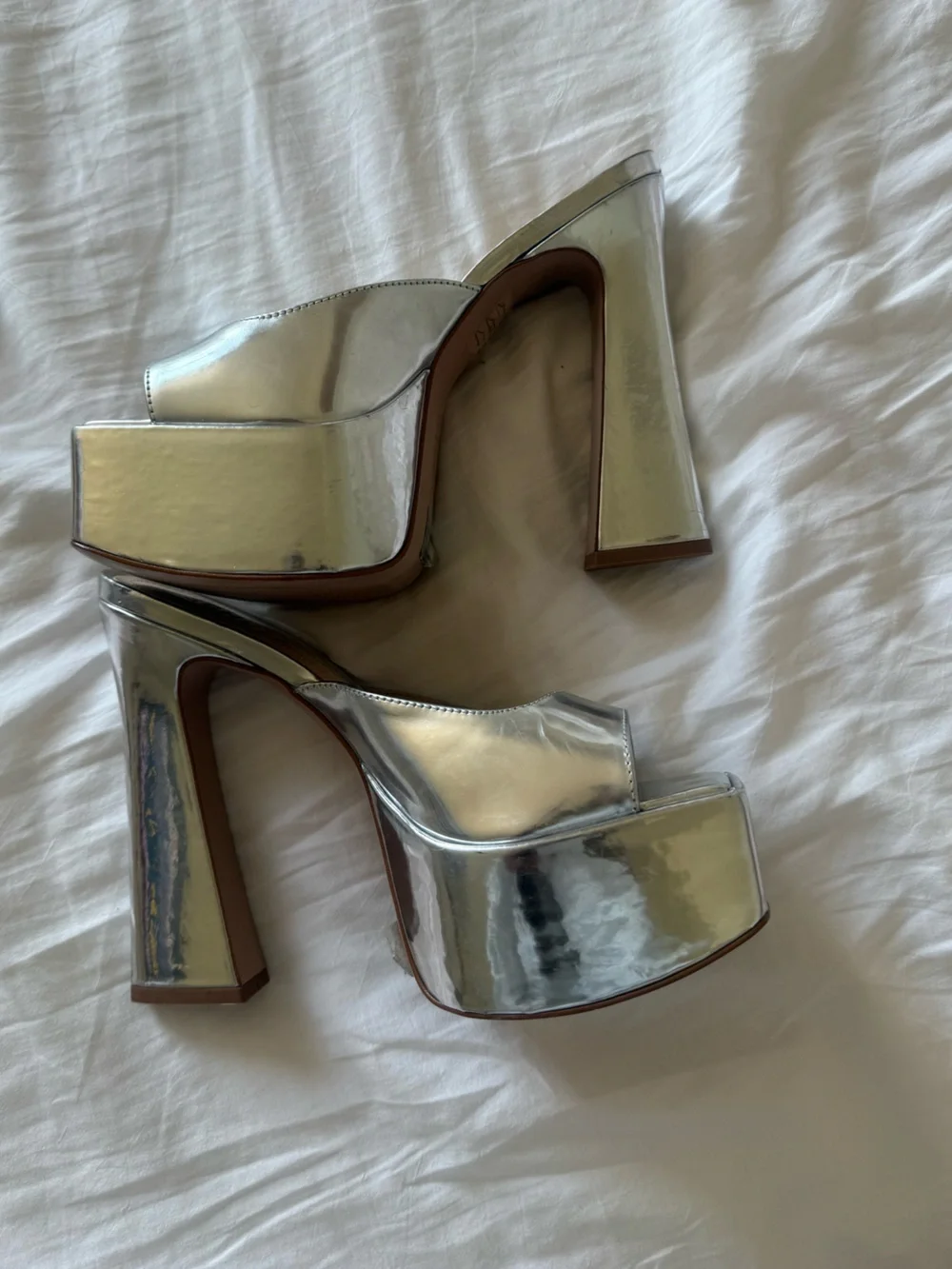 Schutz Adrianna Silver Platform Block Heel Mules for Women